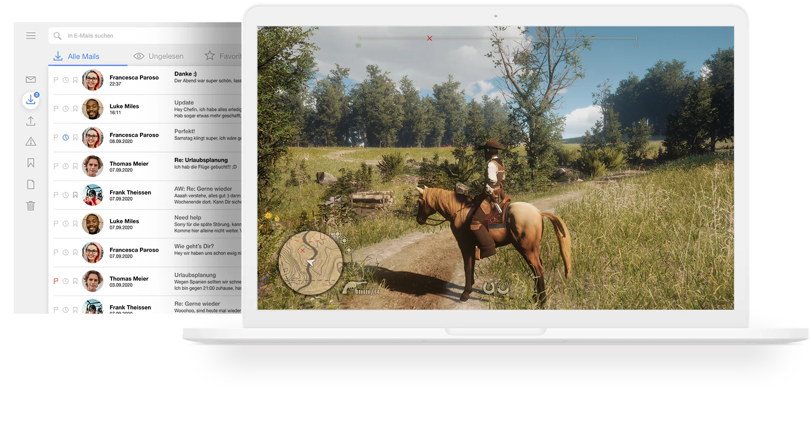 Laptop mit simuliertem E-Mail-Programm und Videospiel