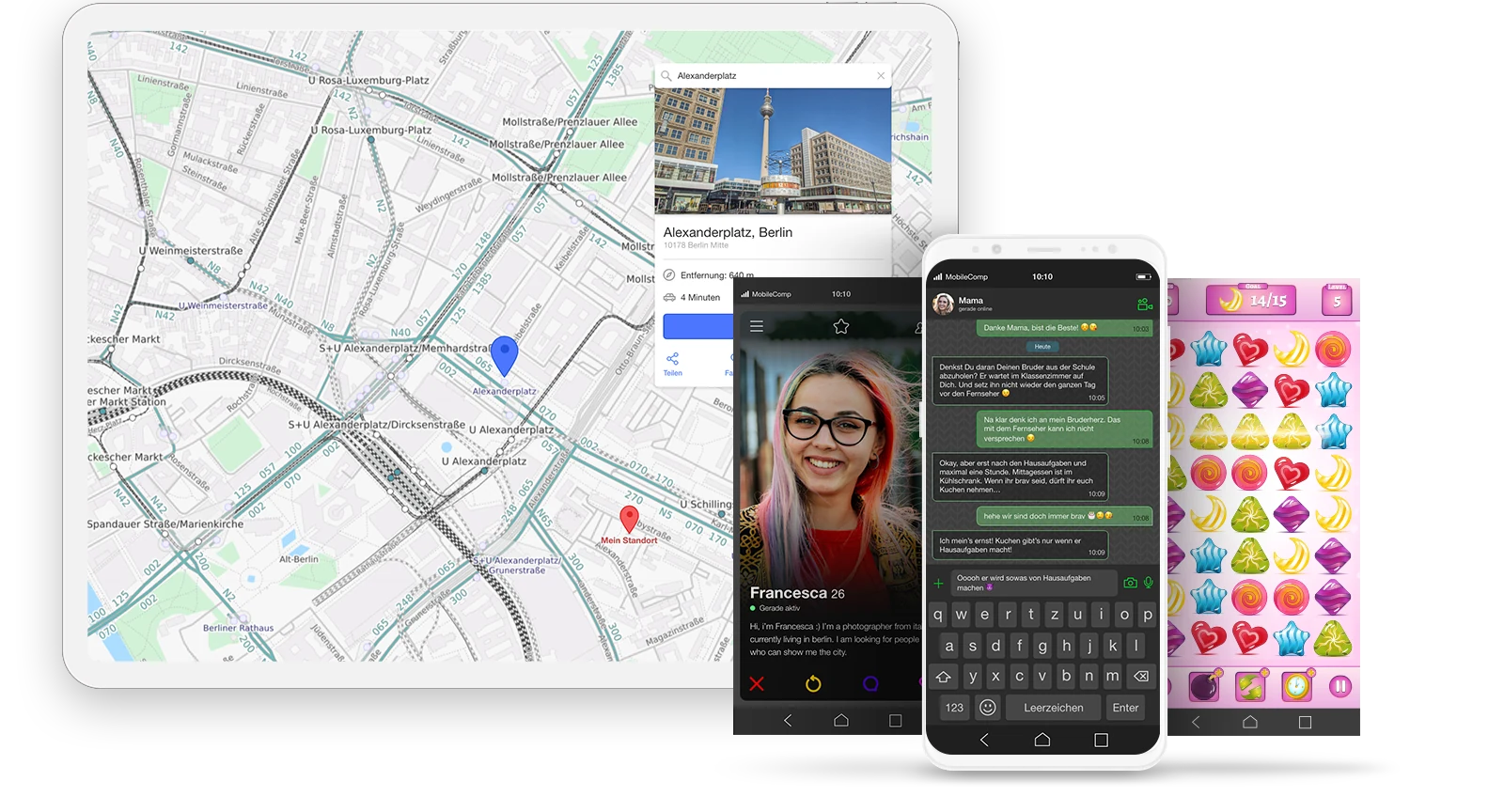 Tablet und Smartphones mit simulierten Apps: Karte, Dating, Chat und Spiel
